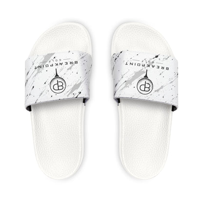BREAKPOINT Sportswear white golf slides with removable straps featuring a black paint splatter design and logo