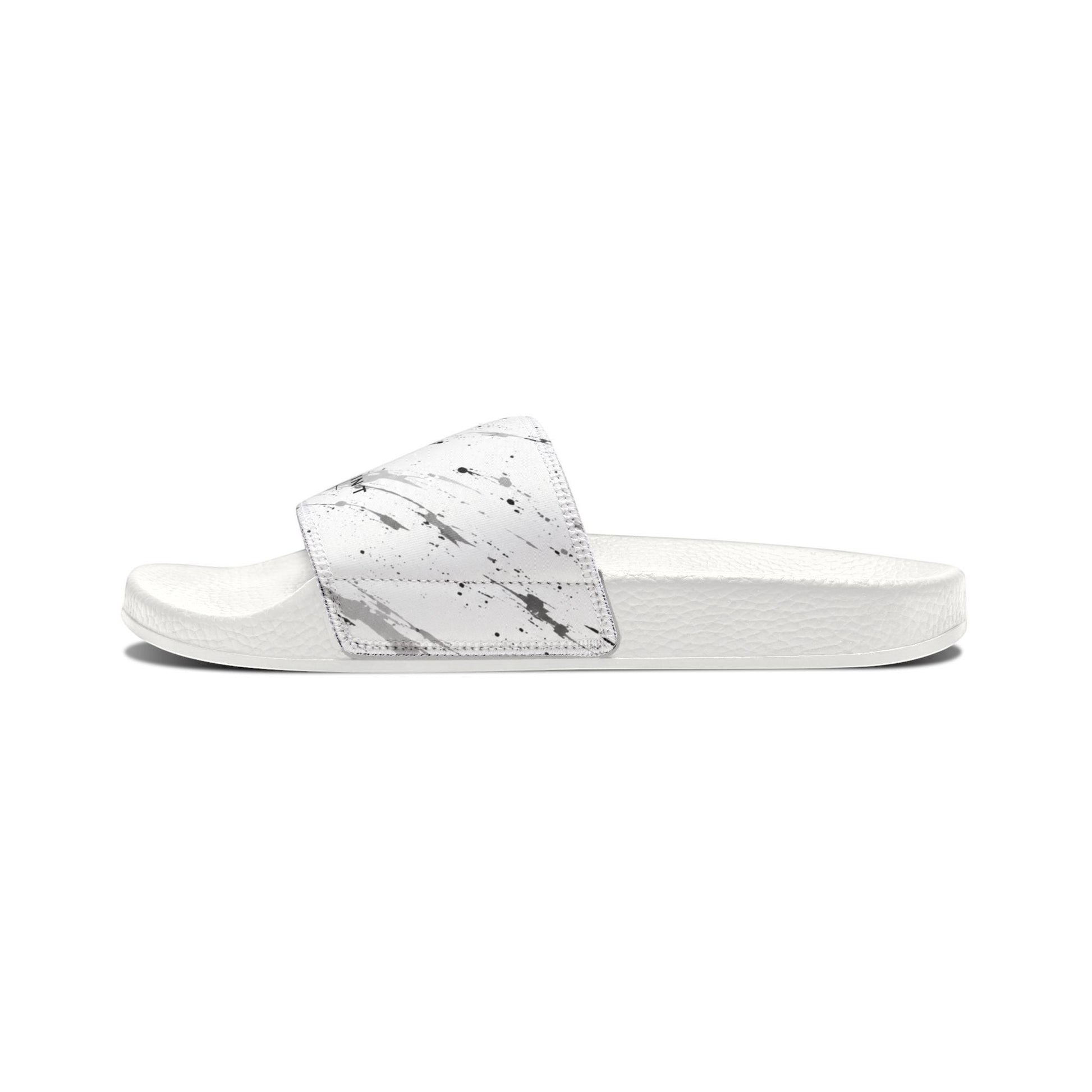 BREAKPOINT Sportswear white golf slides with a removable strap featuring a grey paint splatter design on a PU-foam sole