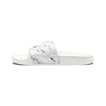 BREAKPOINT Sportswear white golf slides with a removable strap featuring a grey paint splatter design on a PU-foam sole