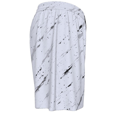 BREAKPOINT Sportswear men's white mesh training shorts with a black and grey paint splatter all-over print.