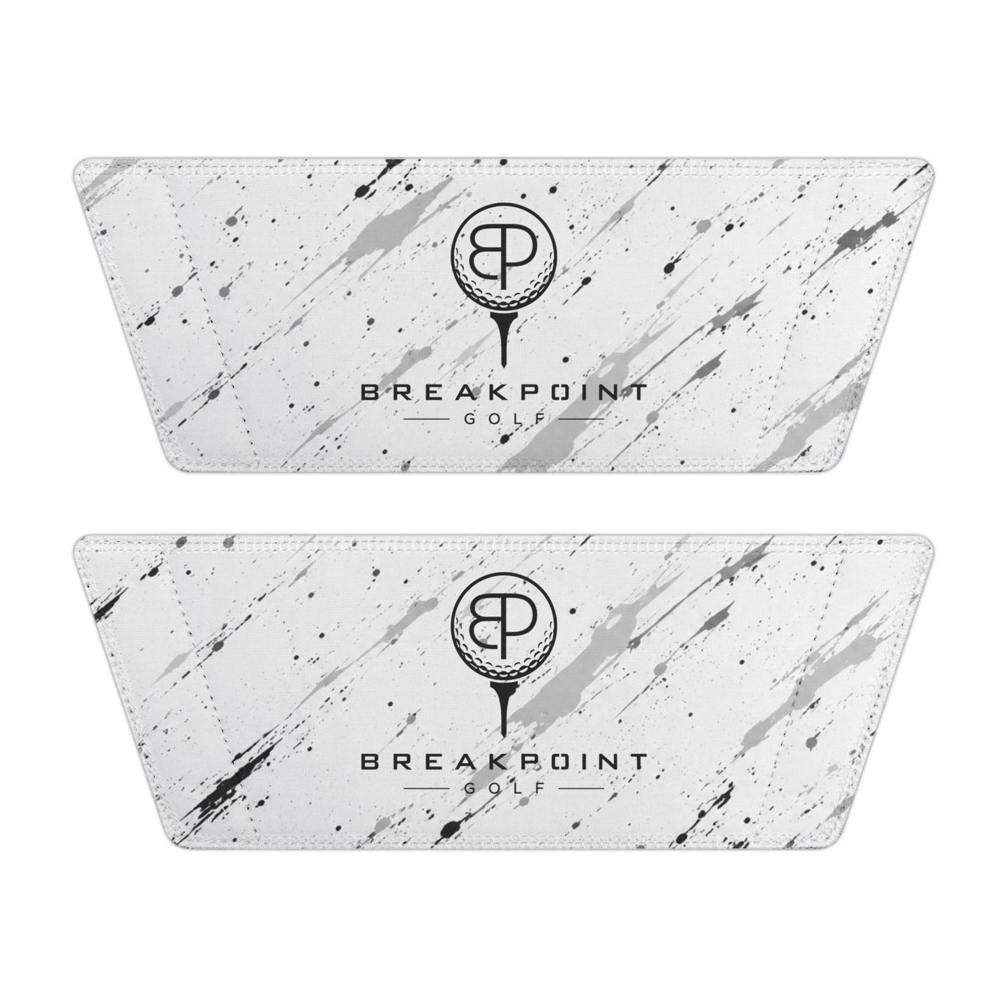 BREAKPOINT Sportswear white golf slide straps with black paint splatter pattern and BREAKPOINT Golf logo
