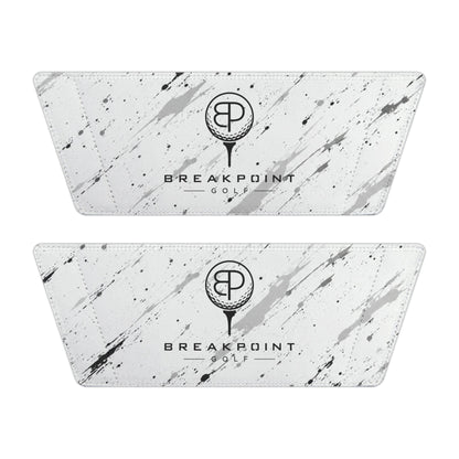 BREAKPOINT Sportswear white golf slide straps with black paint splatter pattern and BREAKPOINT Golf logo