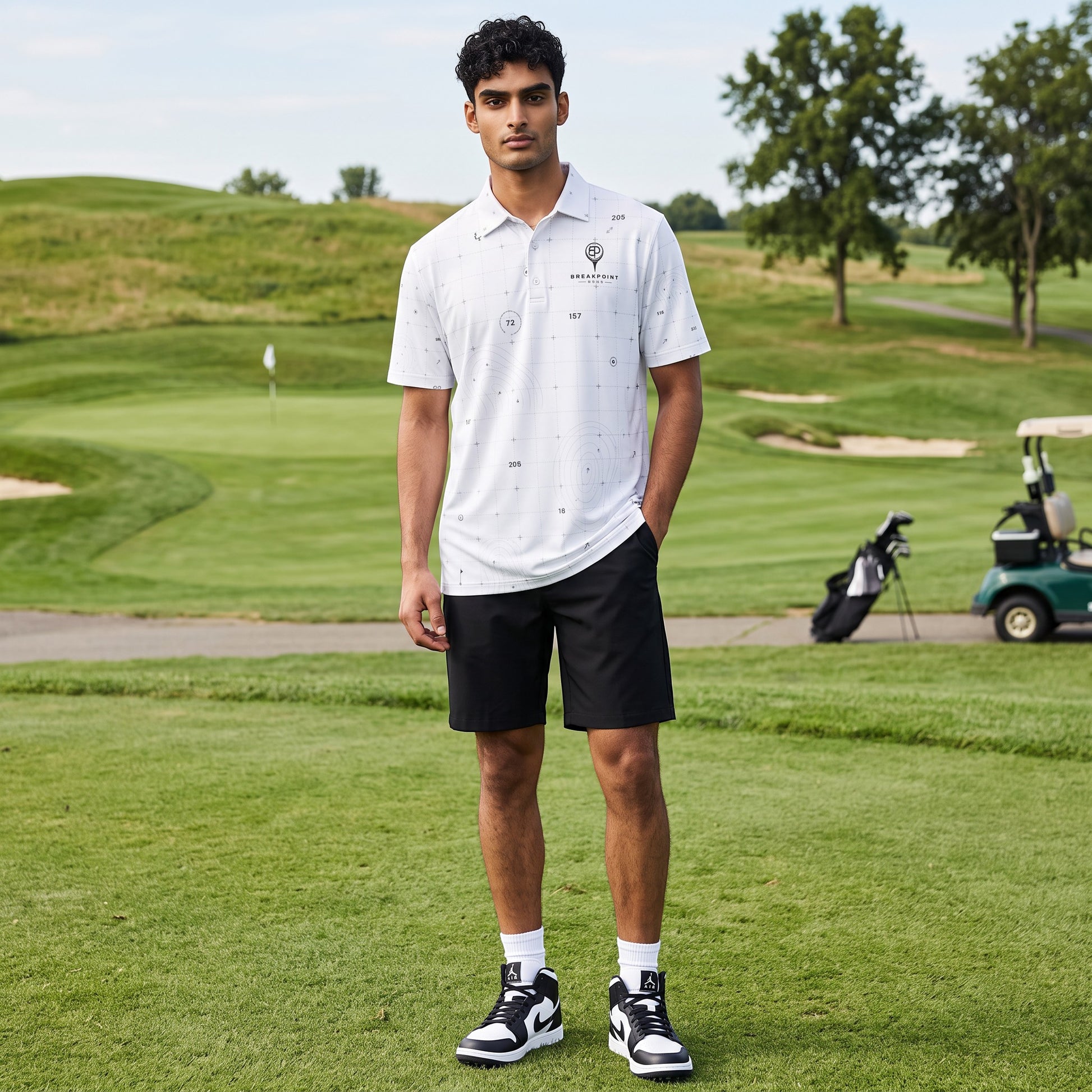 BREAKPOINT The Yardage Book golf polo, tone-on-tone yardage book print on white heavyweight knit
