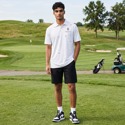 BREAKPOINT The Yardage Book golf polo, tone-on-tone yardage book print on white heavyweight knit