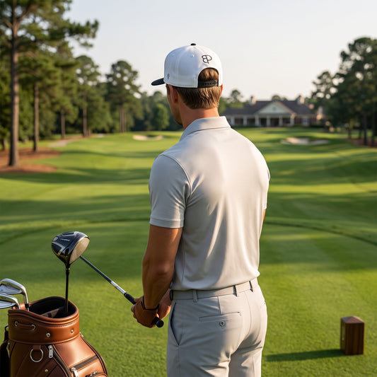 BREAKPOINT Sportswear white snapback cap with embroidered logo worn by a golfer on a sunny golf course