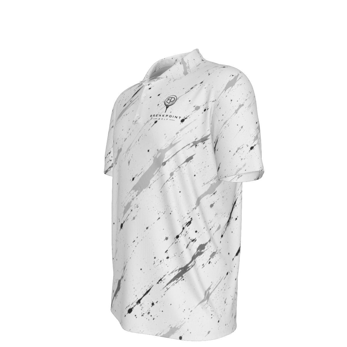 BREAKPOINT Sportswear white performance golf polo with a black paint splatter pattern and classic collar.