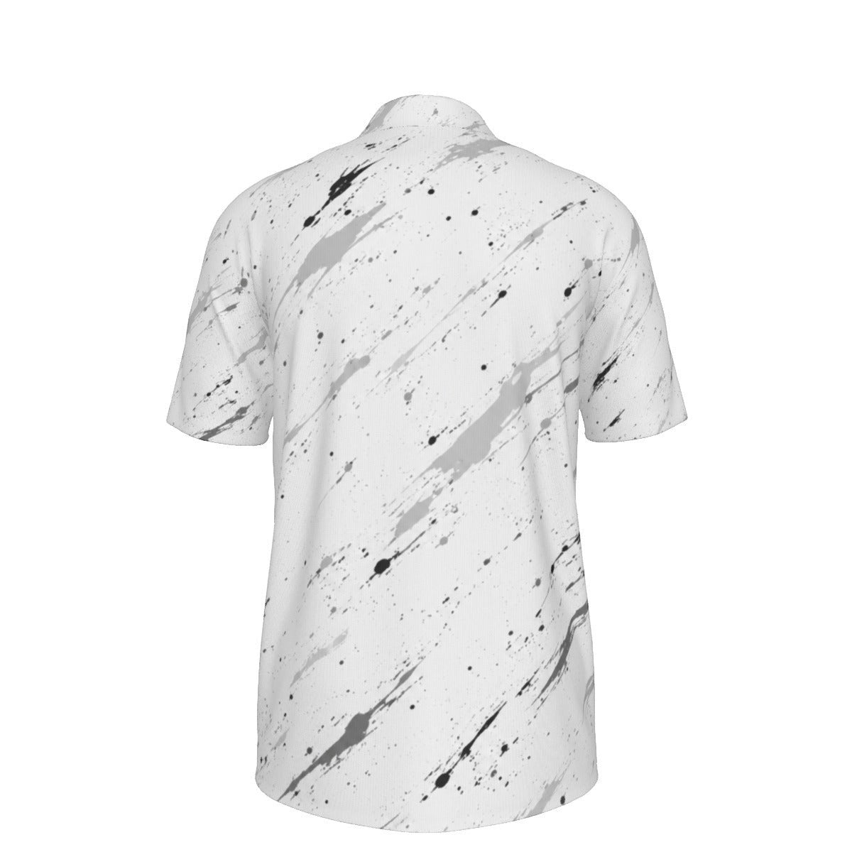 Back view of BREAKPOINT Sportswear white performance polo with black and grey paint splatter pattern and classic collar.
