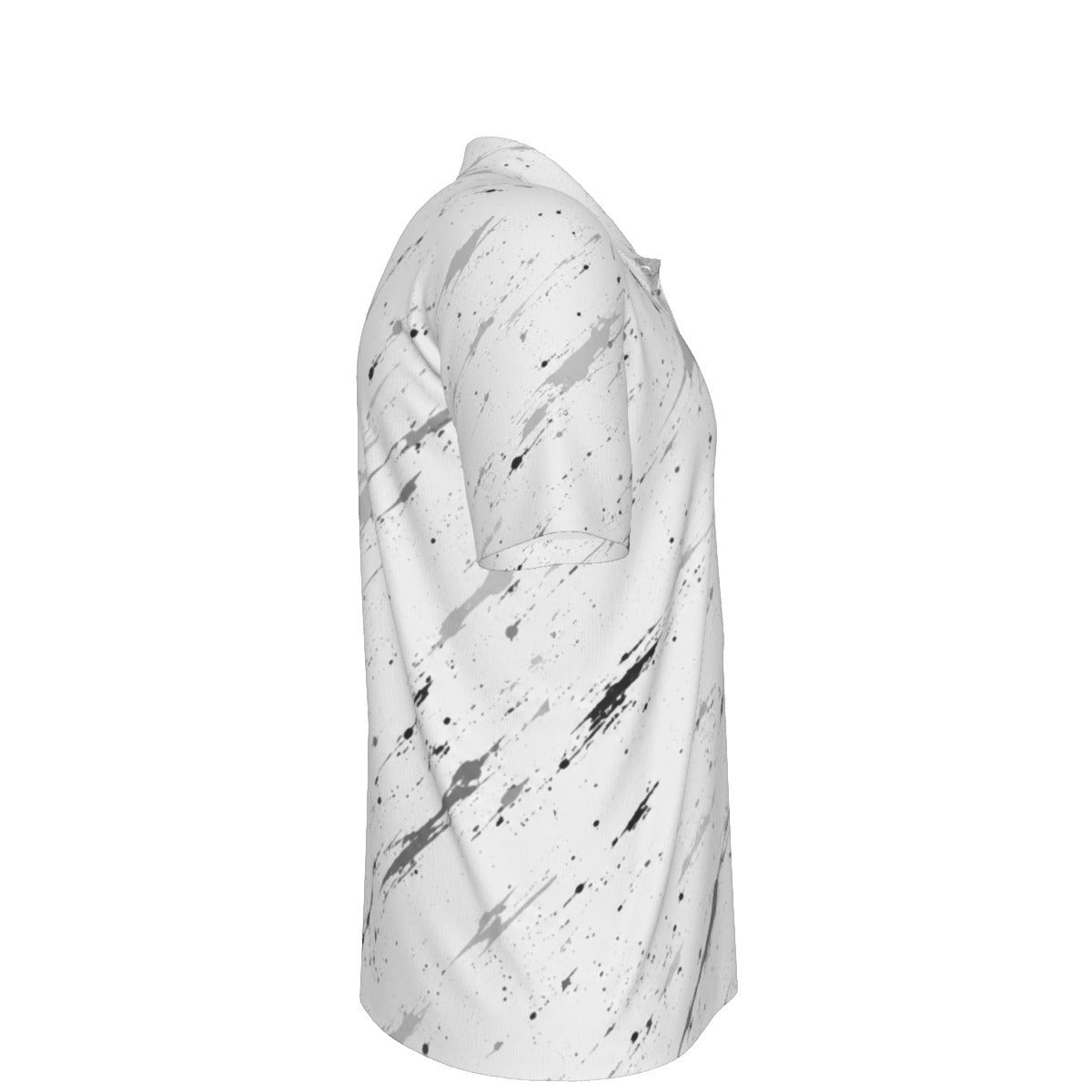 BREAKPOINT Sportswear white performance polo with black and grey paint splatter print, side view of moisture-wicking shirt