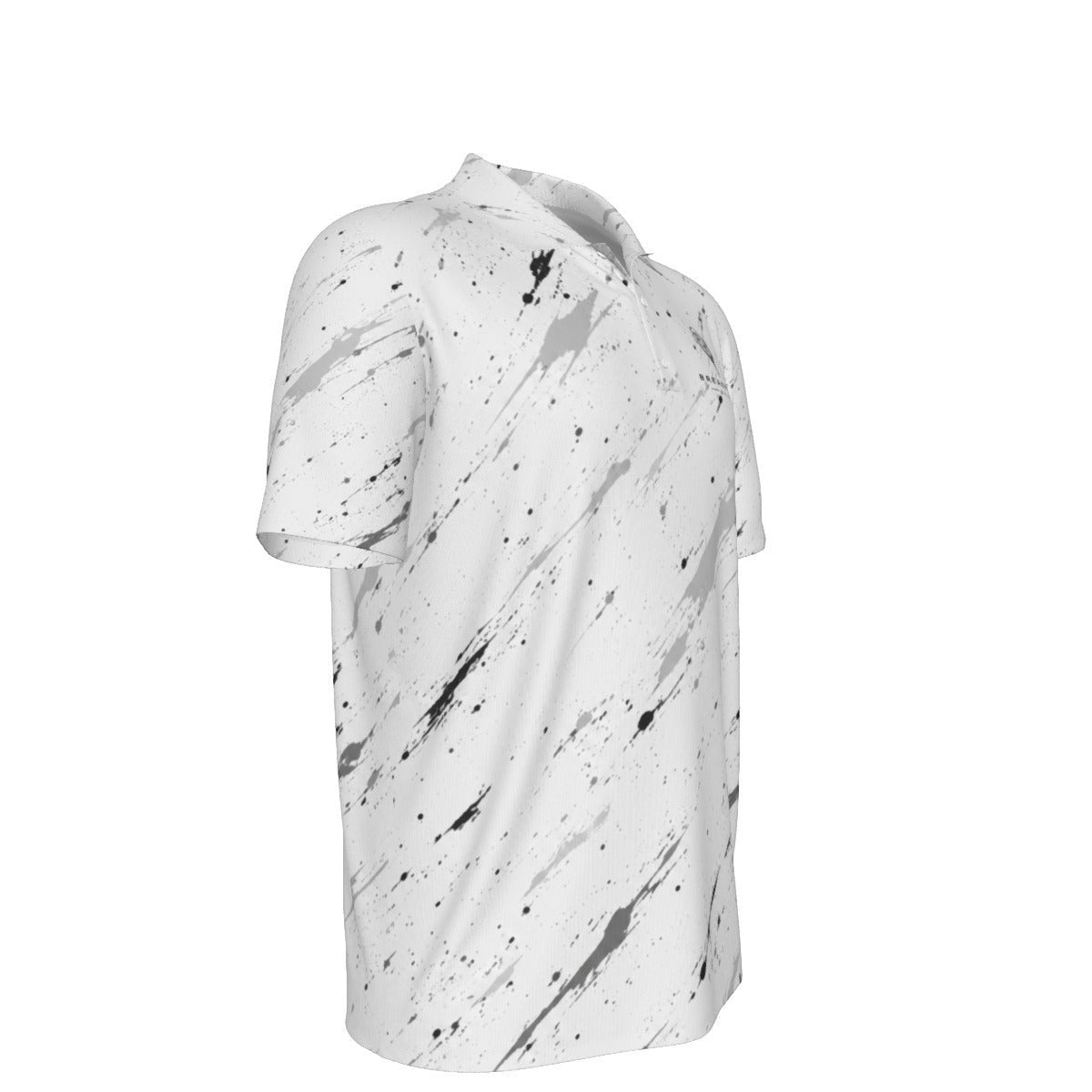 BREAKPOINT Sportswear white performance polo with black and grey paint splatter print, featuring a classic collar.