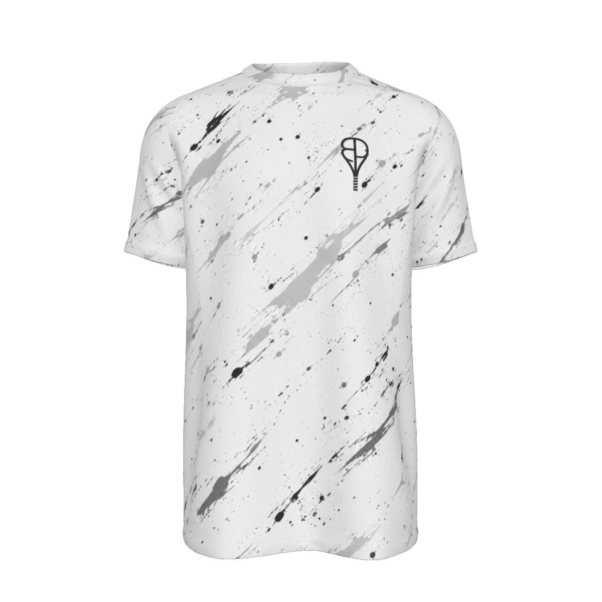 BREAKPOINT Sportswear white tennis t-shirt with black splatter print, moisture-wicking performance knit, and crew neck.