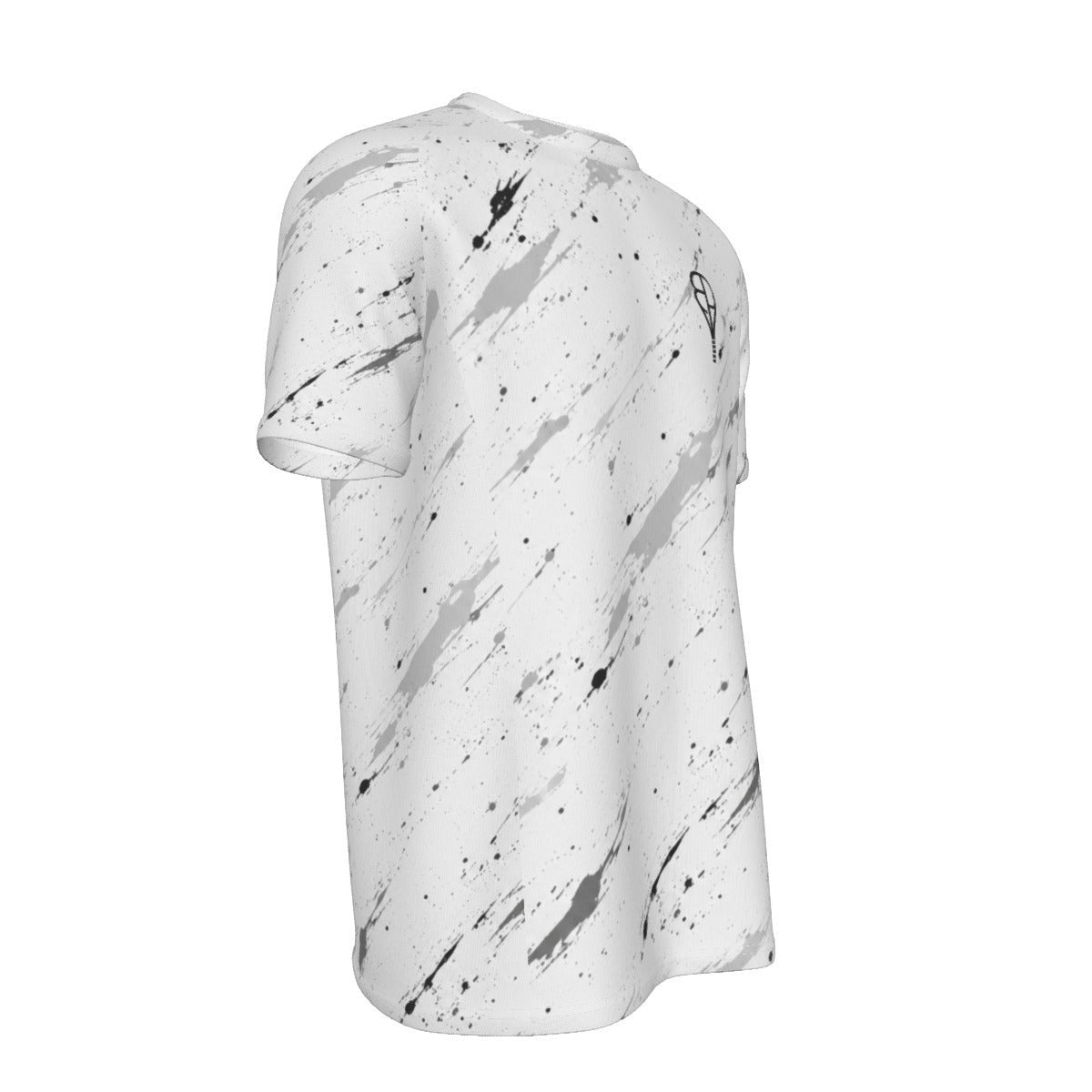 BREAKPOINT Sportswear white tennis t-shirt with black splatter print, moisture-wicking performance knit, and crew neck.