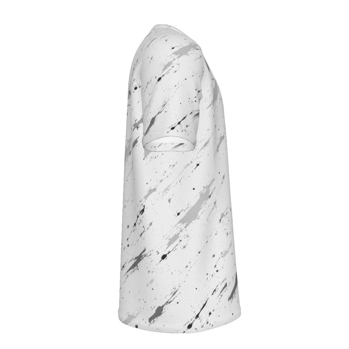 BREAKPOINT Sportswear white tennis t-shirt with black splatter print, moisture-wicking performance knit, and crew neck.