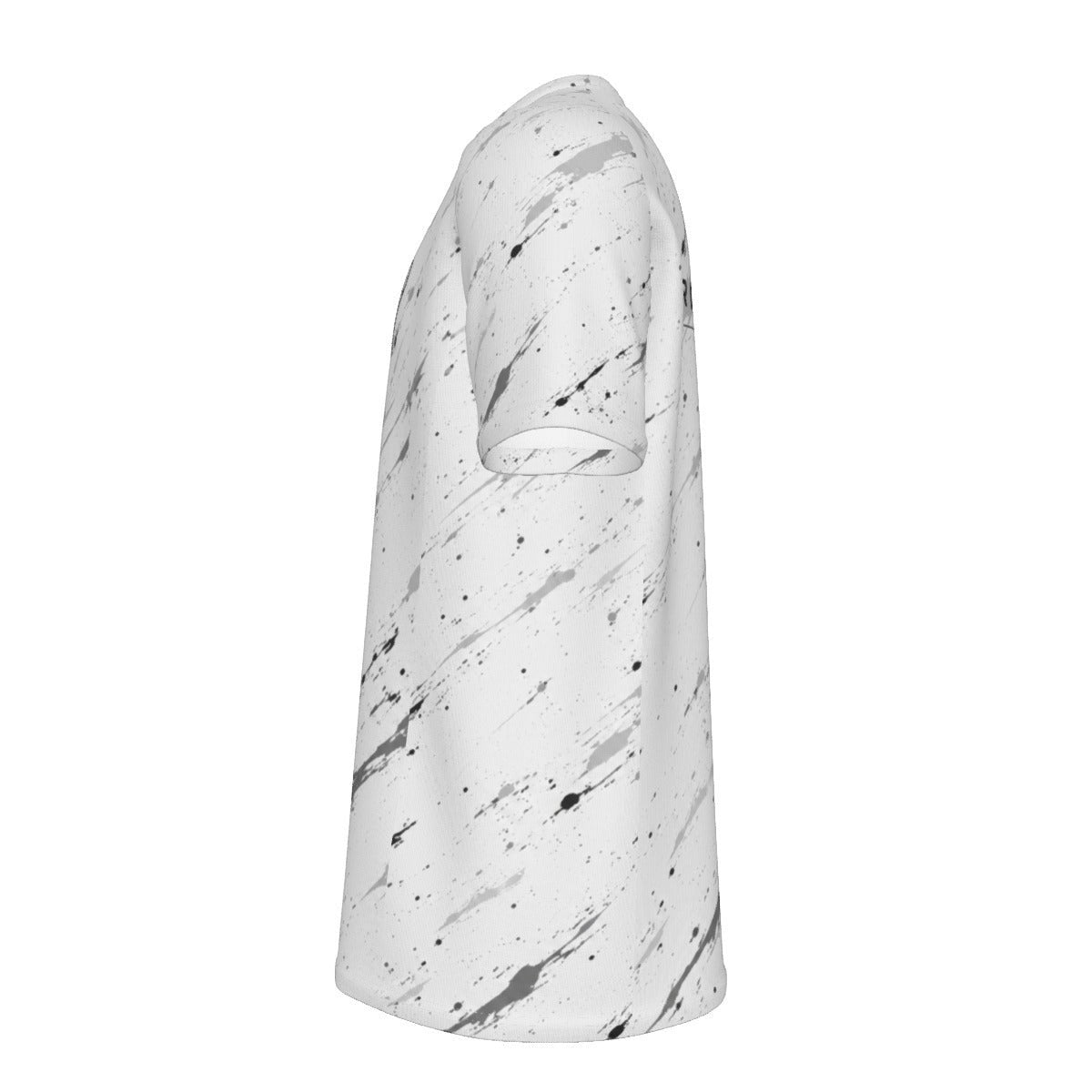 BREAKPOINT Sportswear white tennis t-shirt with black splatter print, moisture-wicking performance knit, and crew neck.