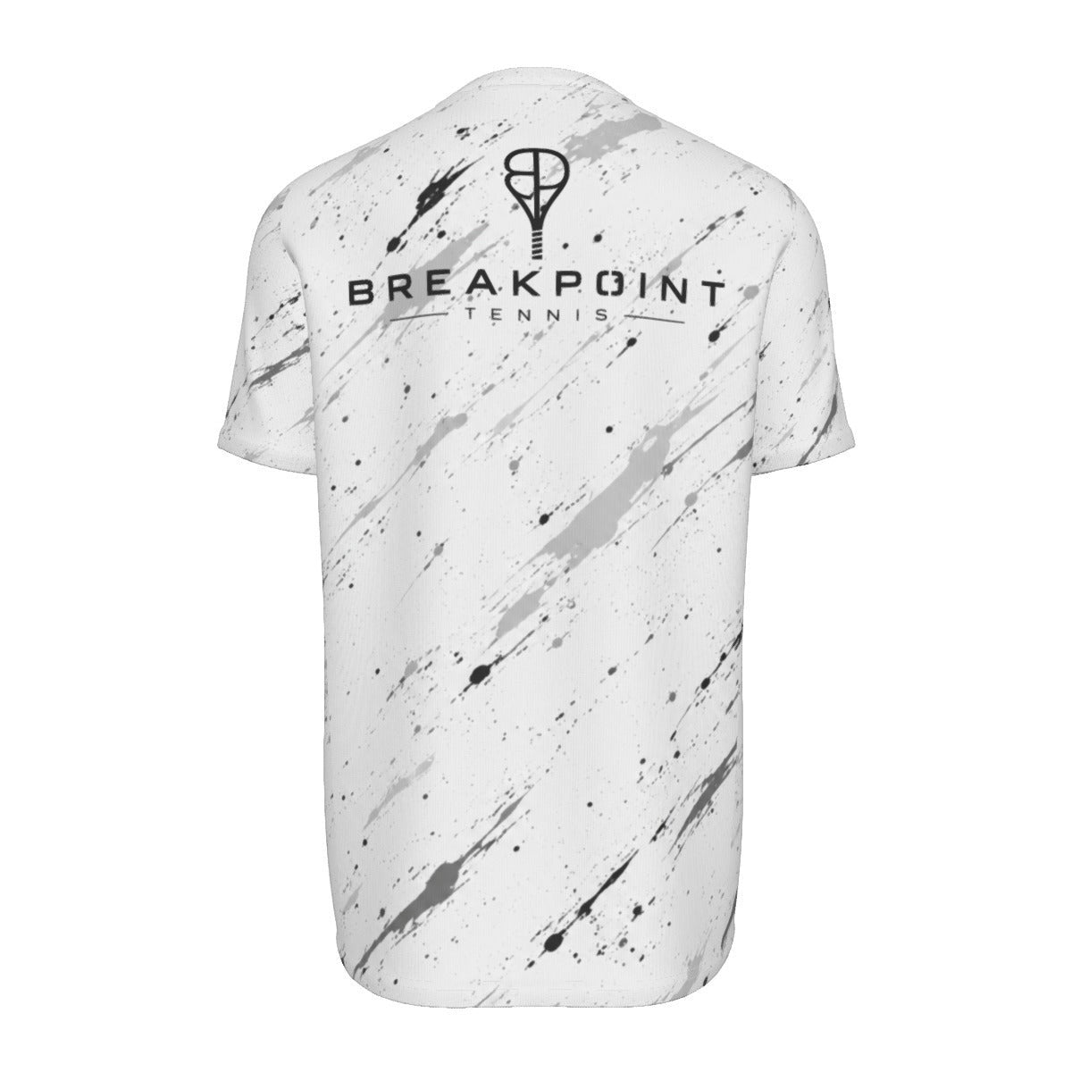 BREAKPOINT Sportswear white tennis t-shirt with black splatter print, moisture-wicking performance knit, and crew neck.
