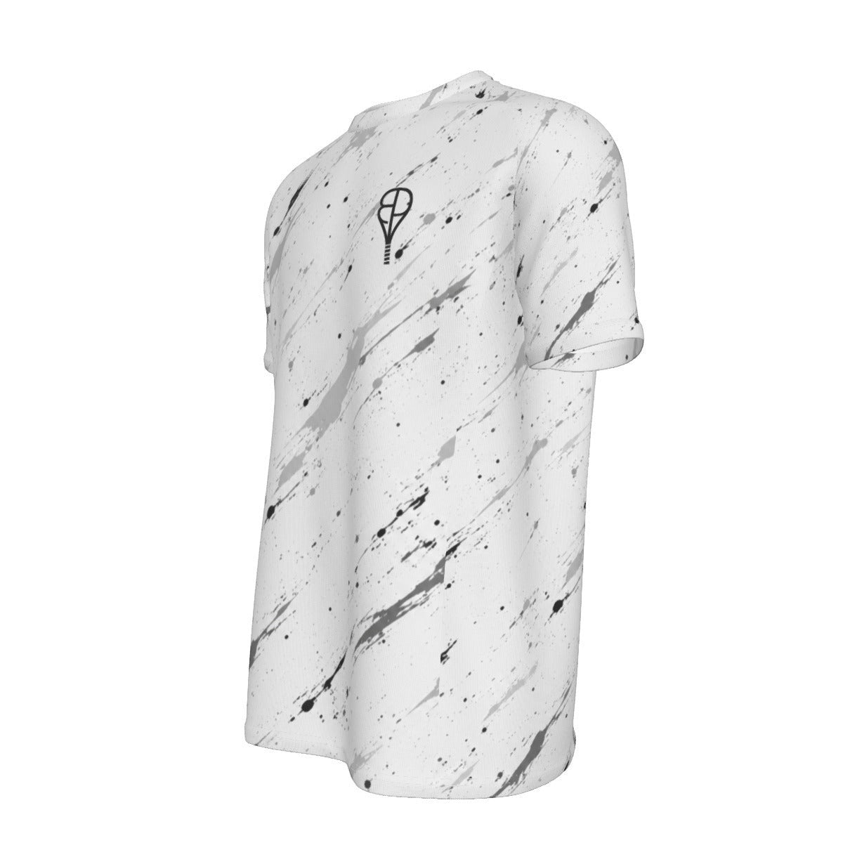 BREAKPOINT Sportswear white tennis t-shirt with black splatter print, moisture-wicking performance knit, and crew neck.