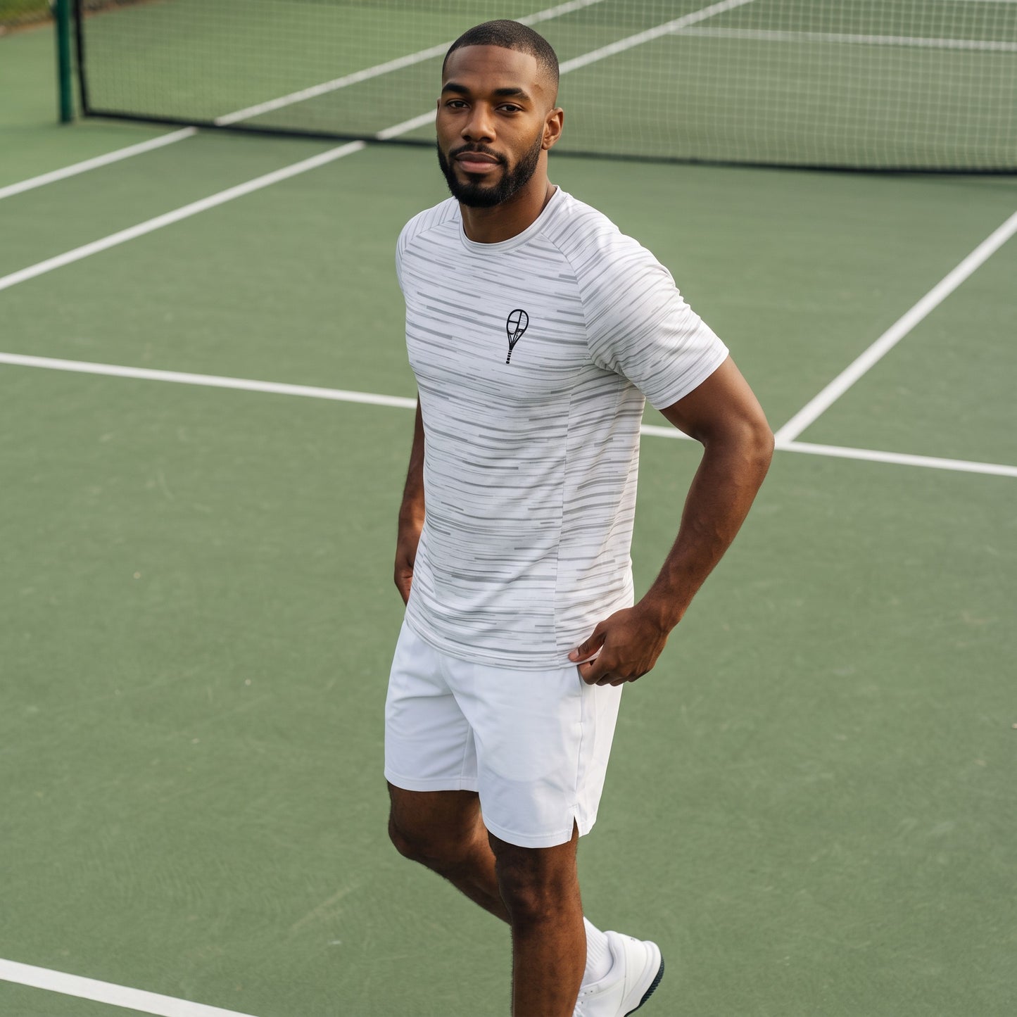 BREAKPOINT Sportswear white performance tee with grey static print worn by a man on a tennis court.