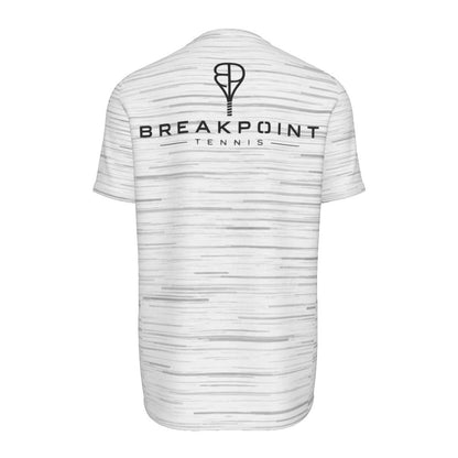 BREAKPOINT Sportswear white performance tee with grey static print and black tennis logo on the back