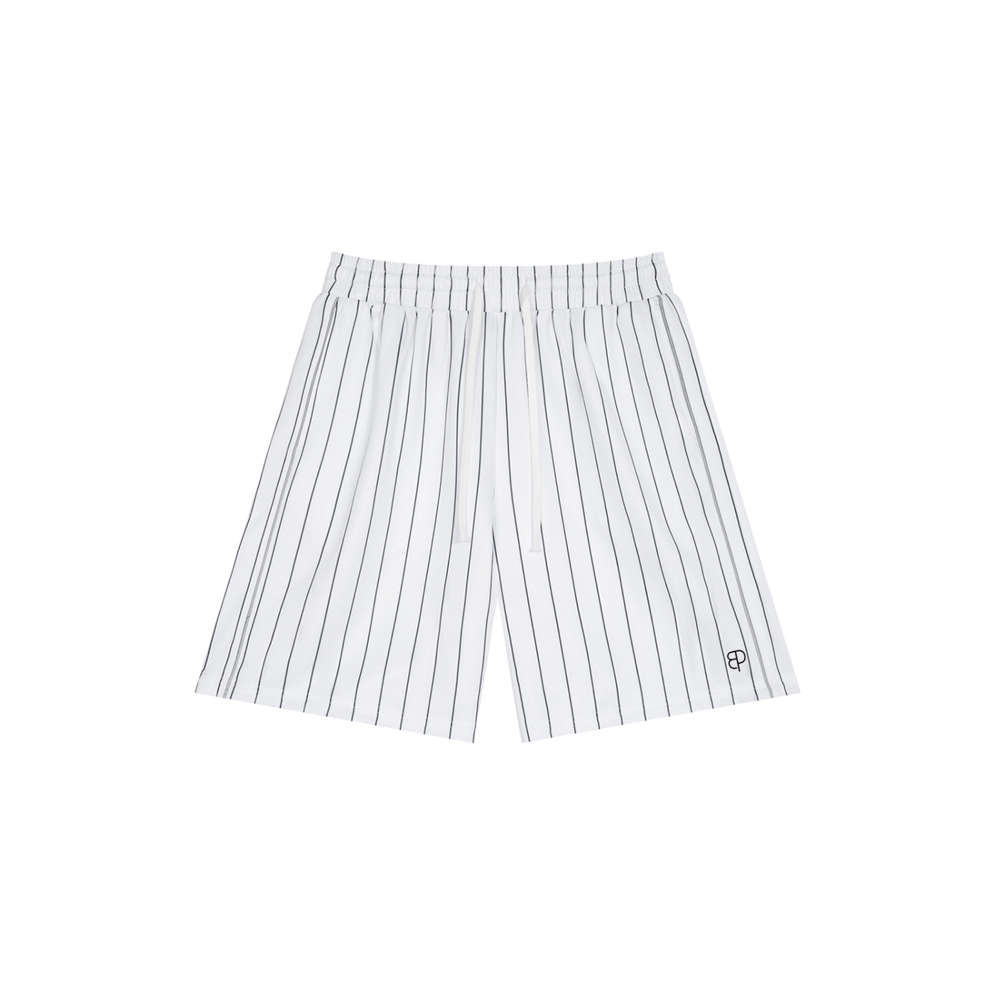 BREAKPOINT Sportswear white court shorts with black pinstripes, featuring a loose fit and mid-waist design.