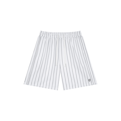BREAKPOINT Sportswear white court shorts with black pinstripes, featuring a loose fit and mid-waist design.