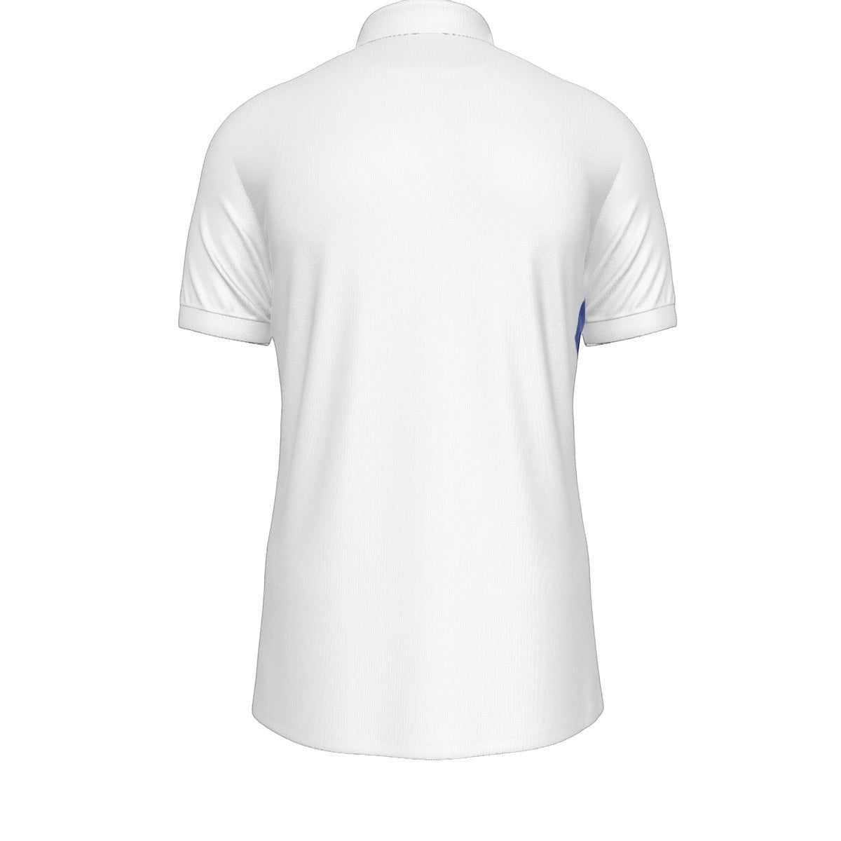 BREAKPOINT Sportswear white performance tennis polo shirt with royal blue and pink side graphic, back view