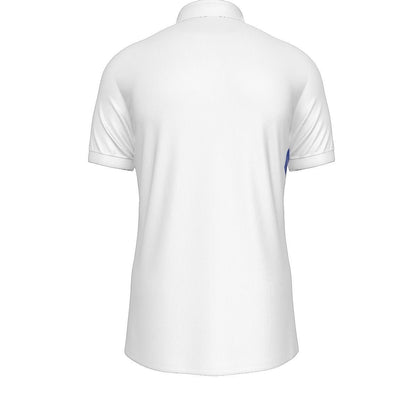 BREAKPOINT Sportswear white performance tennis polo shirt with royal blue and pink side graphic, back view