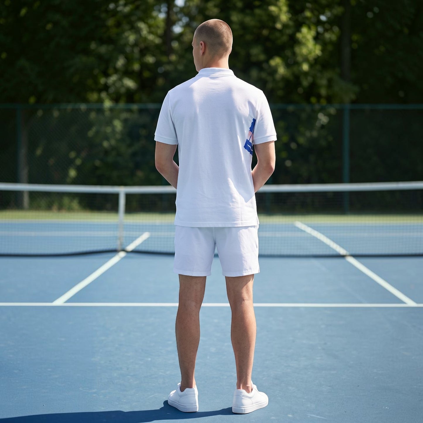 BREAKPOINT Sportswear white tennis polo with royal blue and pink torn-strip graphic on back, worn by man on court