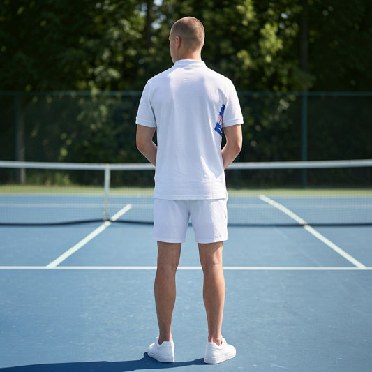 BREAKPOINT Sportswear white tennis polo with royal blue and pink torn-strip graphic on back, worn by man on court