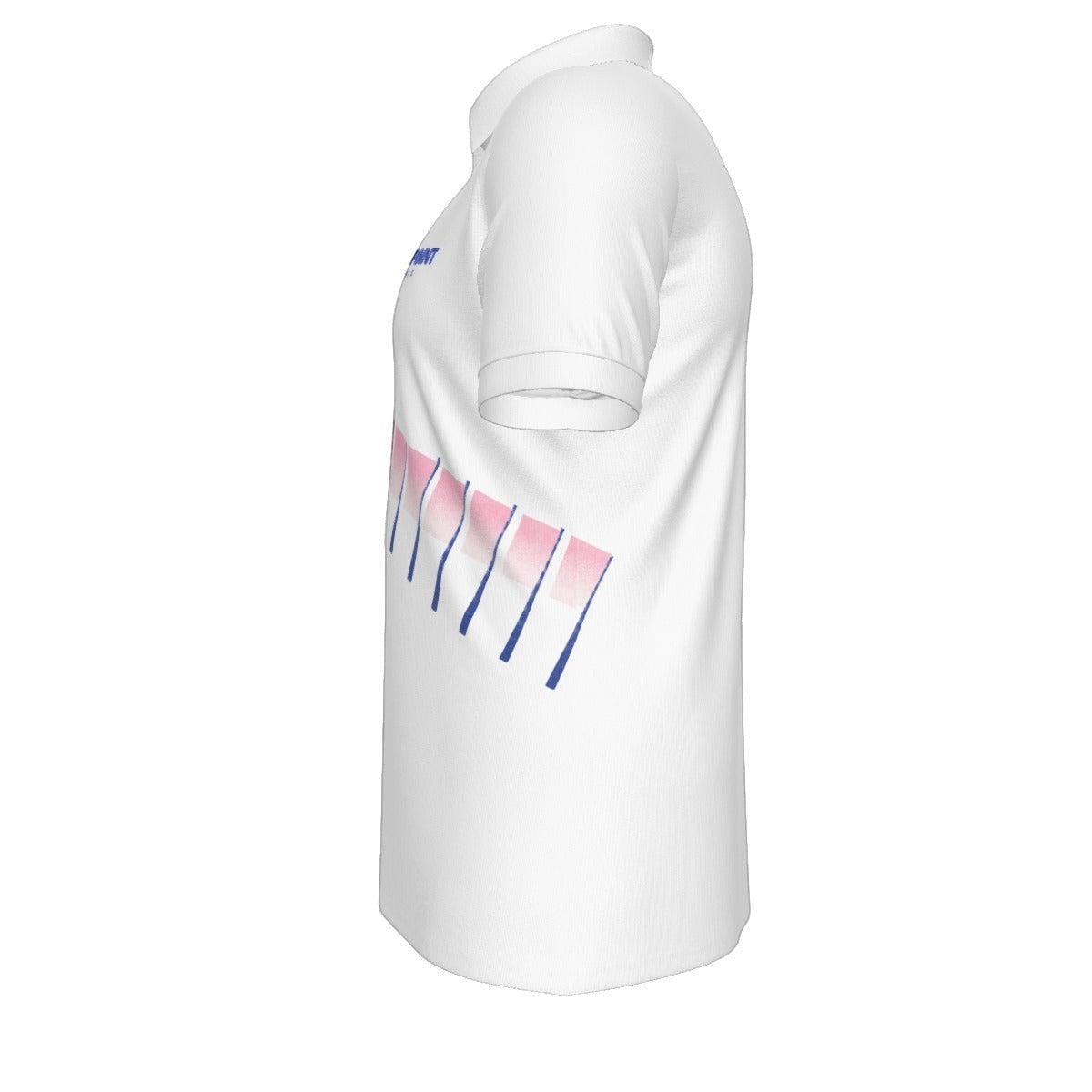 BREAKPOINT Sportswear white tennis polo with royal blue and pink torn-strip graphic side view