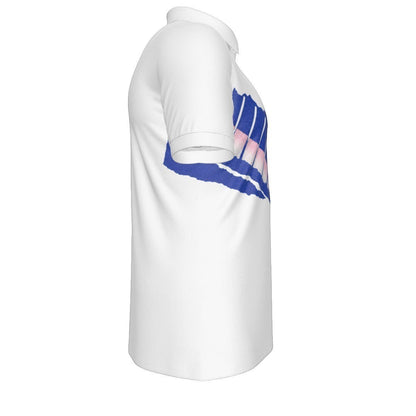 BREAKPOINT Sportswear white tennis polo with royal blue and pink torn-strip graphic, side view.