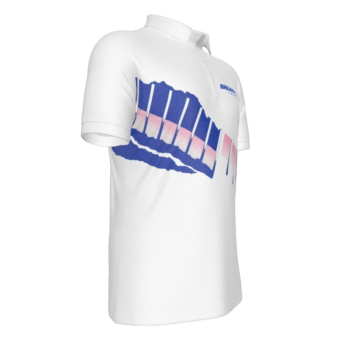 BREAKPOINT Sportswear white tennis polo with royal blue and pink torn-strip graphic and chest logo