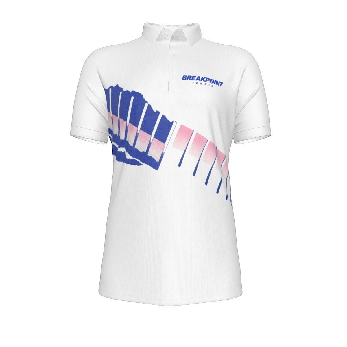BREAKPOINT Sportswear Tiebreak '91 white tennis polo with royal blue and pink torn-strip graphic and chest logo.