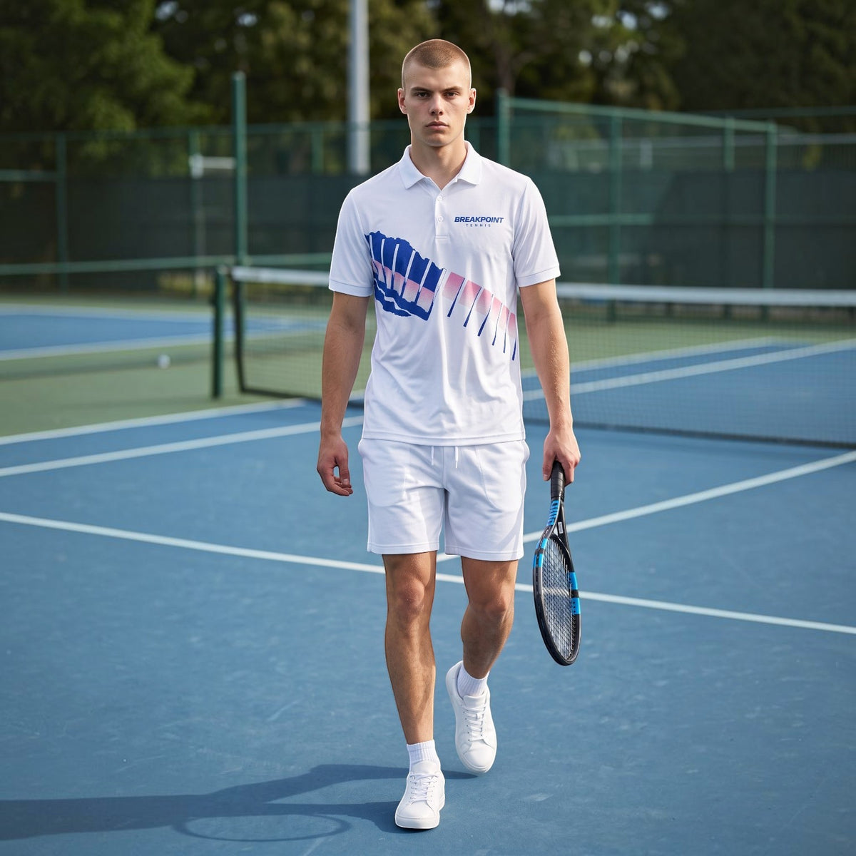 BREAKPOINT Sportswear model wearing a white tennis polo with royal blue and pink torn-strip graphic on a court.