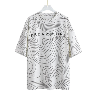 BREAKPOINT Sportswear white drop shoulder tee with black topographic line print and central brand logo.