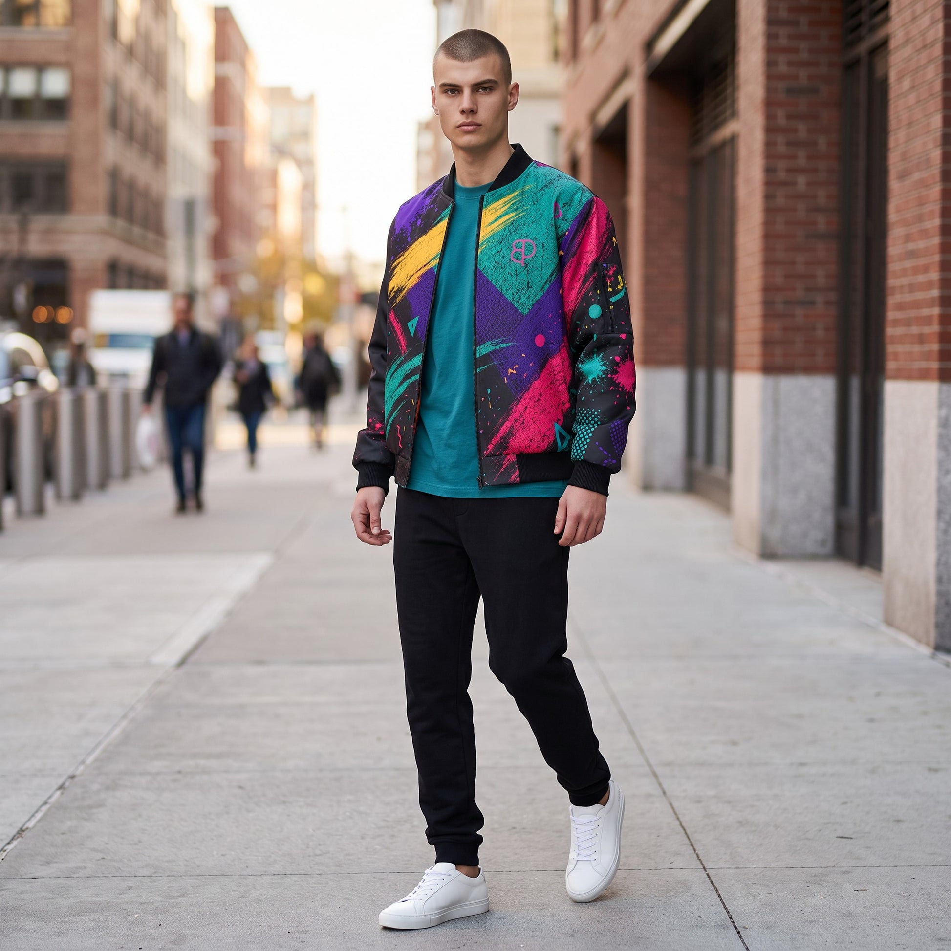 Model wearing a BREAKPOINT Sportswear windproof jacket with a vibrant multi-colored paint splatter print on a city street