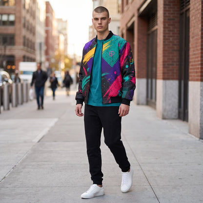 Model wearing a BREAKPOINT Sportswear windproof jacket with a vibrant multi-colored paint splatter print on a city street