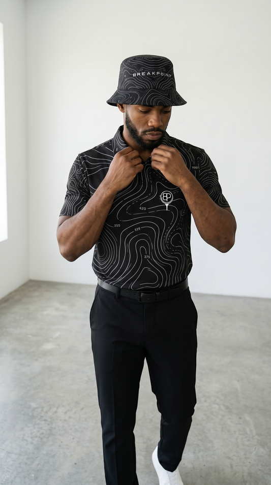 BREAKPOINT Breakline Black Bucket Hat with white topographic contour pattern — main product view